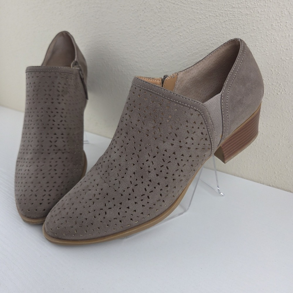 CP Hazel Taupe Vegan Laser Cut Ankle Booties Slip On Side Zip Shoes Womens 9.5 M
